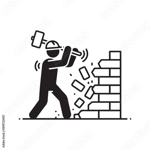 Demolition worker silhouette with sledgehammer breaking brick wall icon
