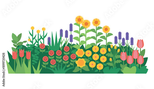 A vibrant and colorful illustration of a lush flower garden with various blooms