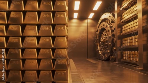 Massive Stacks of Shining Gold Bullion Bars Inside a High-Security Bank Vault with a Heavy Circular Door, Representing Wealth and Financial Security