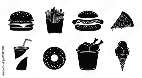 A collection of fast food icons including burgers fries pizza and ice cream on transparent background silhouette high quality professional detailed