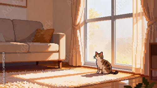 Wallpaper Mural 窓辺で日差しを浴びる猫の穏やかなリビングルームピクセルアート Torontodigital.ca
