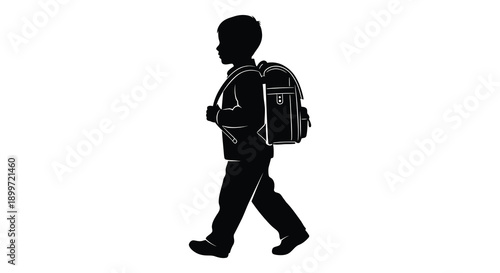 A black silhouette of a young boy walking with a backpack ideal for design projects on transparent background silhouette high quality