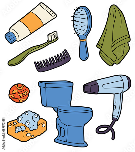 Cartoon set of bathroom and hygiene items including toilet, hair dryer, toothbrush, toothpaste, towel, brush, comb and soap. Hand drawn flat illustration for kids, cleaning, hygiene, bathroom or restr