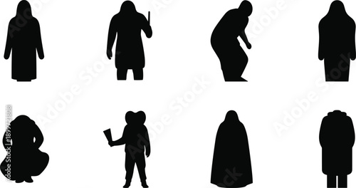 Silhouette character set of diverse human poses and costumes for animation, design, storytelling, and creative concept art illustration.