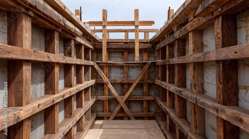 Intricate wooden formwork and bracing structure prepared for pouring concrete in an industrial construction site
