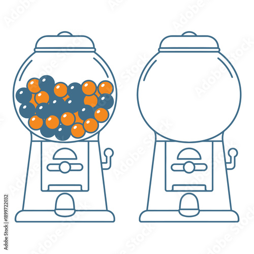 Two gumball machines one full and one empty in a simple line art style