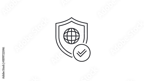 Global security shield with checkmark line icon