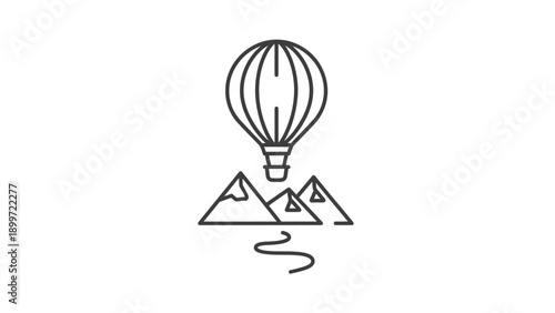 Hot air balloon above mountains and winding river line icon