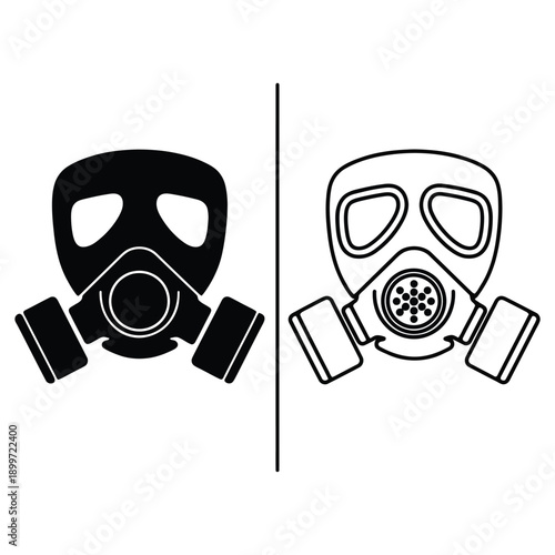 Two gas masks illustrated in contrasting black and white styles