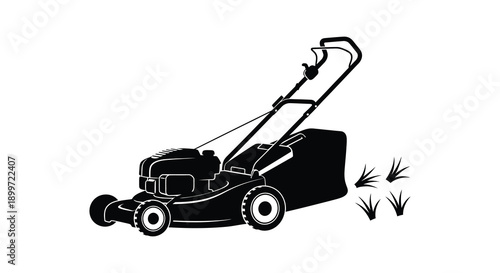 A black silhouette of a push lawnmower with grass clippings ideal for design projects on transparent background high quality professional detailed