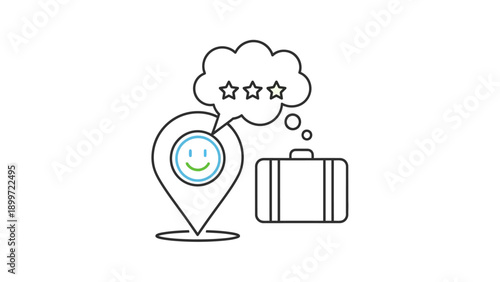 Location pin with happy face, stars, and suitcase for travel review