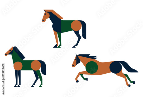 A colorful illustration of three horses in different poses and movements.
