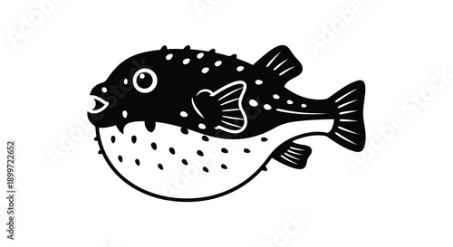 A charming black pufferfish illustration with dotted details a curved smile and fins on transparent background silhouette high quality professional detailed