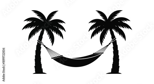 Two palm trees with a hanging hammock between them creating a tropical scene on transparent background silhouette high quality professional detailed