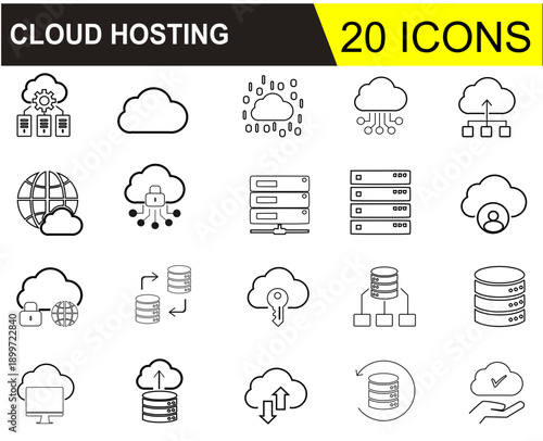 Cloud Hosting Cloud Computing Editable Line Icons Set Server,Database,Net Work,Upload Download and more. vector illustration