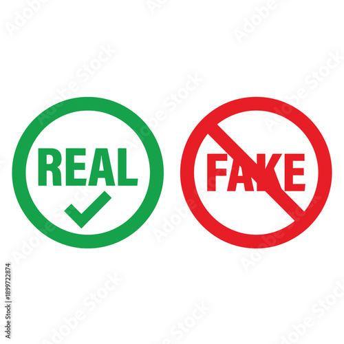 Green real checkmark and red fake prohibition symbol displayed side by side