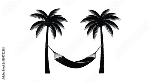 Two palm trees with a hammock between them create a smiling face a relaxing tropical scene on transparent background silhouette