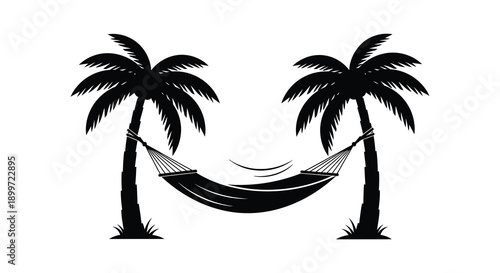 A black silhouette of two palm trees with a hammock strung between them ideal for vacation designs on transparent background silhouette