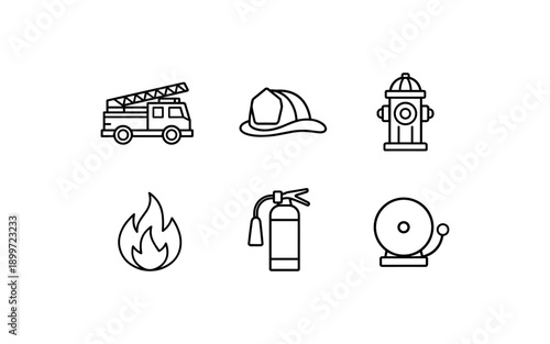 Collection of simple line art icons representing firefighting equipment and symbols