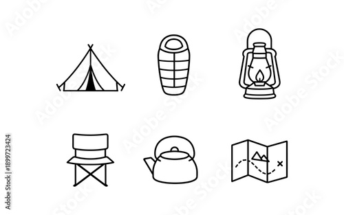 Collection of simple line art icons representing camping and outdoor adventure gear