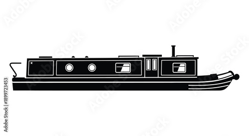 A sleek black silhouette of a narrowboat with detailed windows and structure on transparent background high quality professional modern elegant stylish
