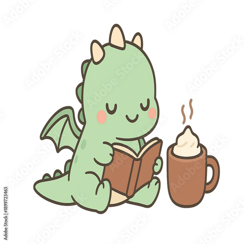 Cozy Book Dragon a chibi dragon reading a book with hot cocoa.