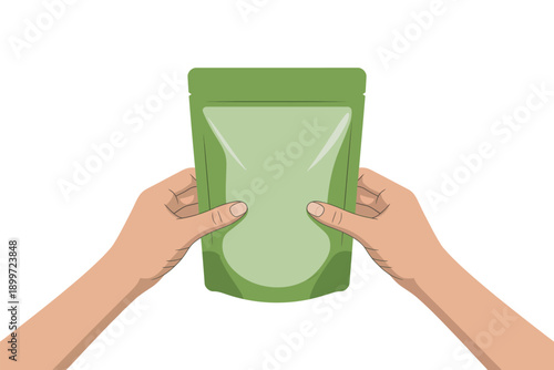 A person holding a green resealable pouch with both hands.