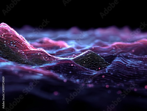 Vibrant digital landscape with glowing pink and blue waves