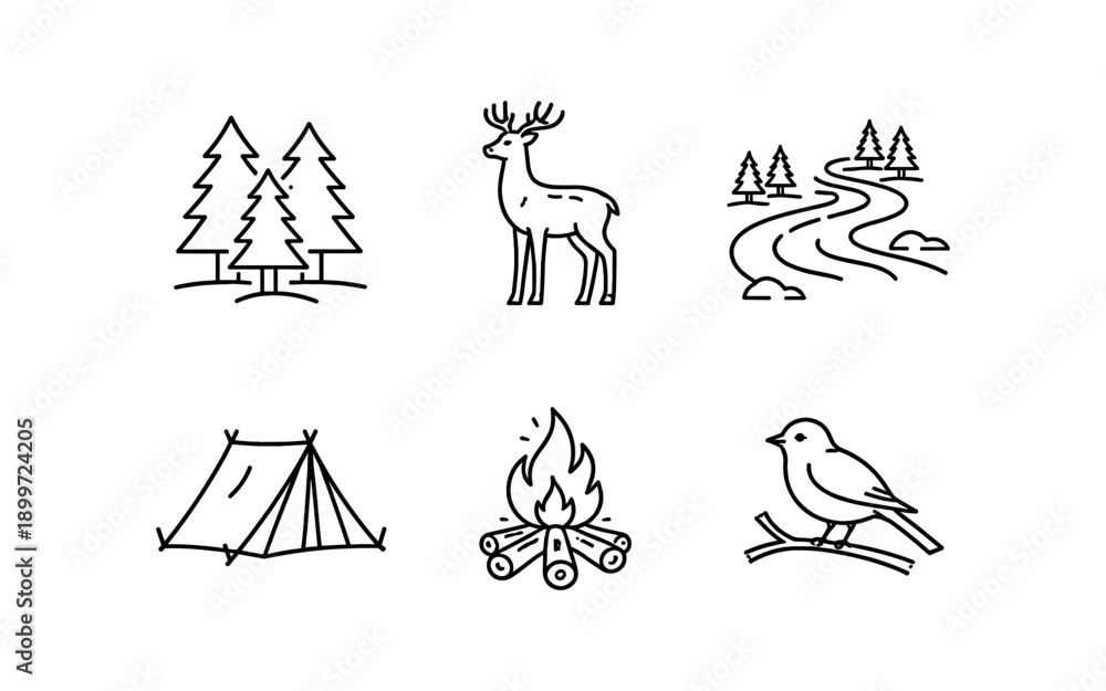 Fototapeta premium Set of minimalist line art icons representing nature and outdoor activities