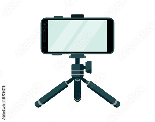 A smartphone mounted on a compact tripod for stable video recording