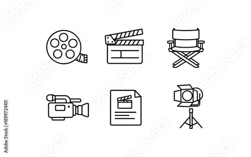 Collection of film production icons including camera, clapperboard, and director's chair