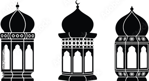 Set of three black silhouette islamic lanterns or lamps for ramadan or eid celebrations