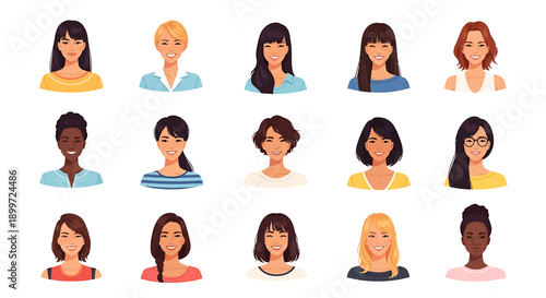 Diverse Group of Women's Portraits Showcasing Different Hairstyles and Complexions