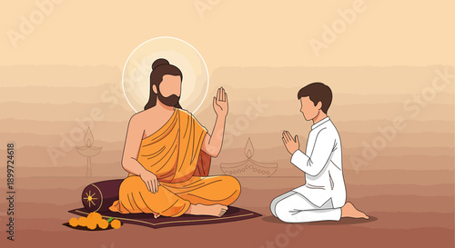 Spiritual guru imparting wisdom to a young disciple in a serene setting, symbolizing guidance and learning