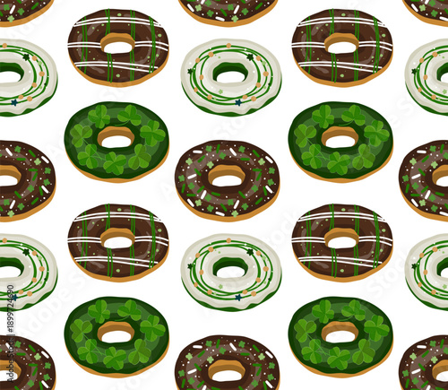 Seamless pattern of Happy St Patrick day sweet donuts. Irish holiday sweets, cartoon vector background. Green cookie desserts backdrop for Saint Patrick pastry and holiday party.