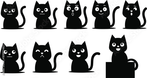 A collection of nine black cartoon cats with various expressions and one standing behind a podium