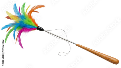Colorful feather cat toy with wooden handle isolated on transparent background