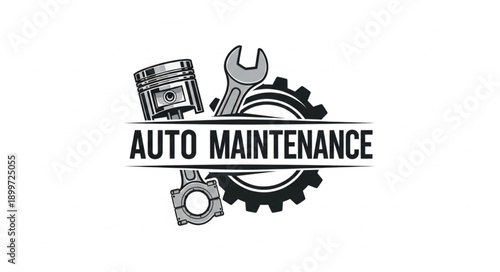 Auto Maintenance Logo with Wrench Gear Piston and Connecting Rod.