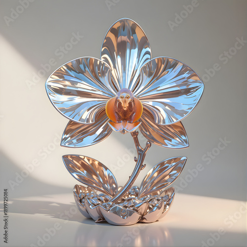 Luxury Chrome Orchid Flower Sculpture with Reflective Metal Petals and Modern Design