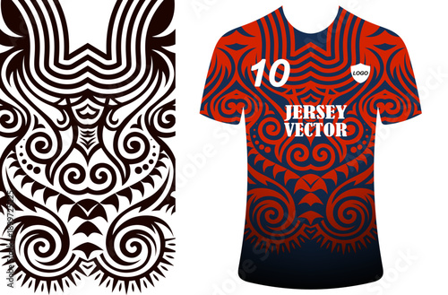 Polynesian Style Sports Apparel with Intricate Tribal Motifs, Unique Style Brand Jersey, Sportwear kit Vector Template, T shirt, Dress. Trendy Jersey Template, Seasonal Sport Fashion. Ready to Print.