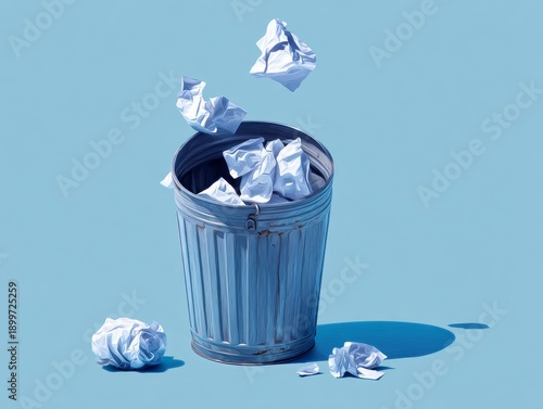 Crushed paper flying into overflowing trash can on blue background