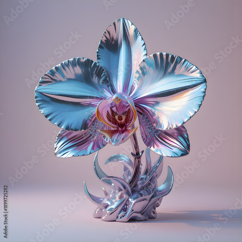 Iridescent Futuristic Orchid Sculpture with Chrome Blue and Pink Metallic Finish