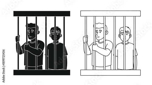 Two pairs of figures are depicted behind bars symbolizing imprisonment