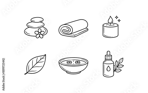 Collection of spa and wellness icons including stones, towel, candle, leaf, bowl, and essential oil