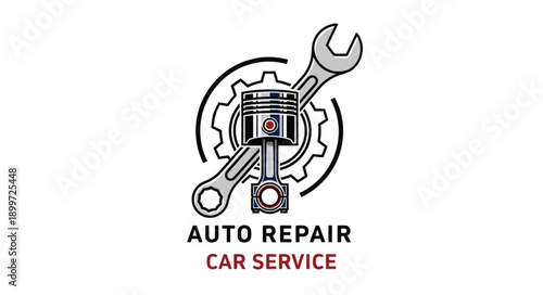 Auto Repair Car Service Emblem with Piston Wrench and Gear.