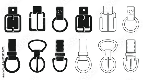 Various styles of belt buckles displayed in black and white outlines