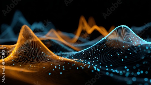 Vibrant digital waves with glowing blue and orange particles