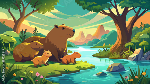 Very beautiful serene scene of a capybara family basking in lush green water habitat, bathed in sunlight, expressing harmony, calm wildlife behavior, and peaceful wetland life.