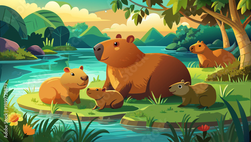Very beautiful serene scene of a capybara family basking in lush green water habitat, bathed in sunlight, expressing harmony, calm wildlife behavior, and peaceful wetland life.