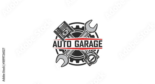 Auto Garage Emblem with Wrench and Piston.